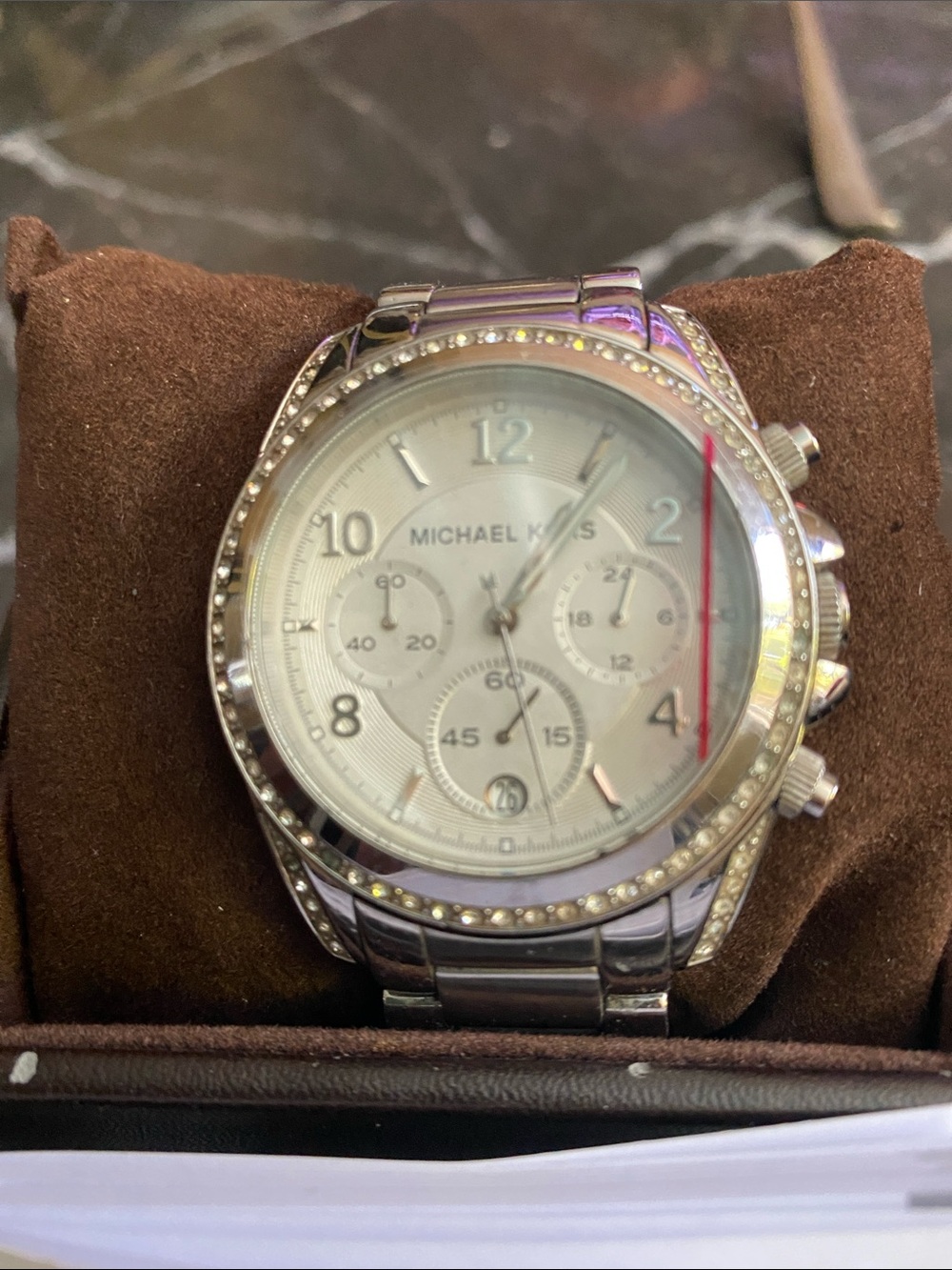 Michael Kors Silver and Mother-of-Pearl Crystal Accent Chronograph Watch